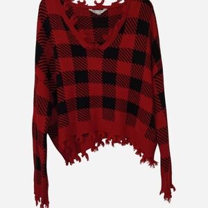 no boundaries red and black buffalo plaid distressed v neck sweater with fringe
